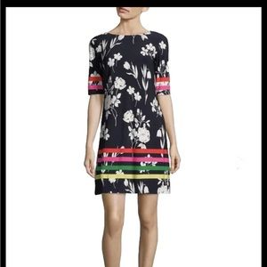 Eliza J Floral Stripe Print Elbow Sleeve Shift Mini Dress Size 6 Retro